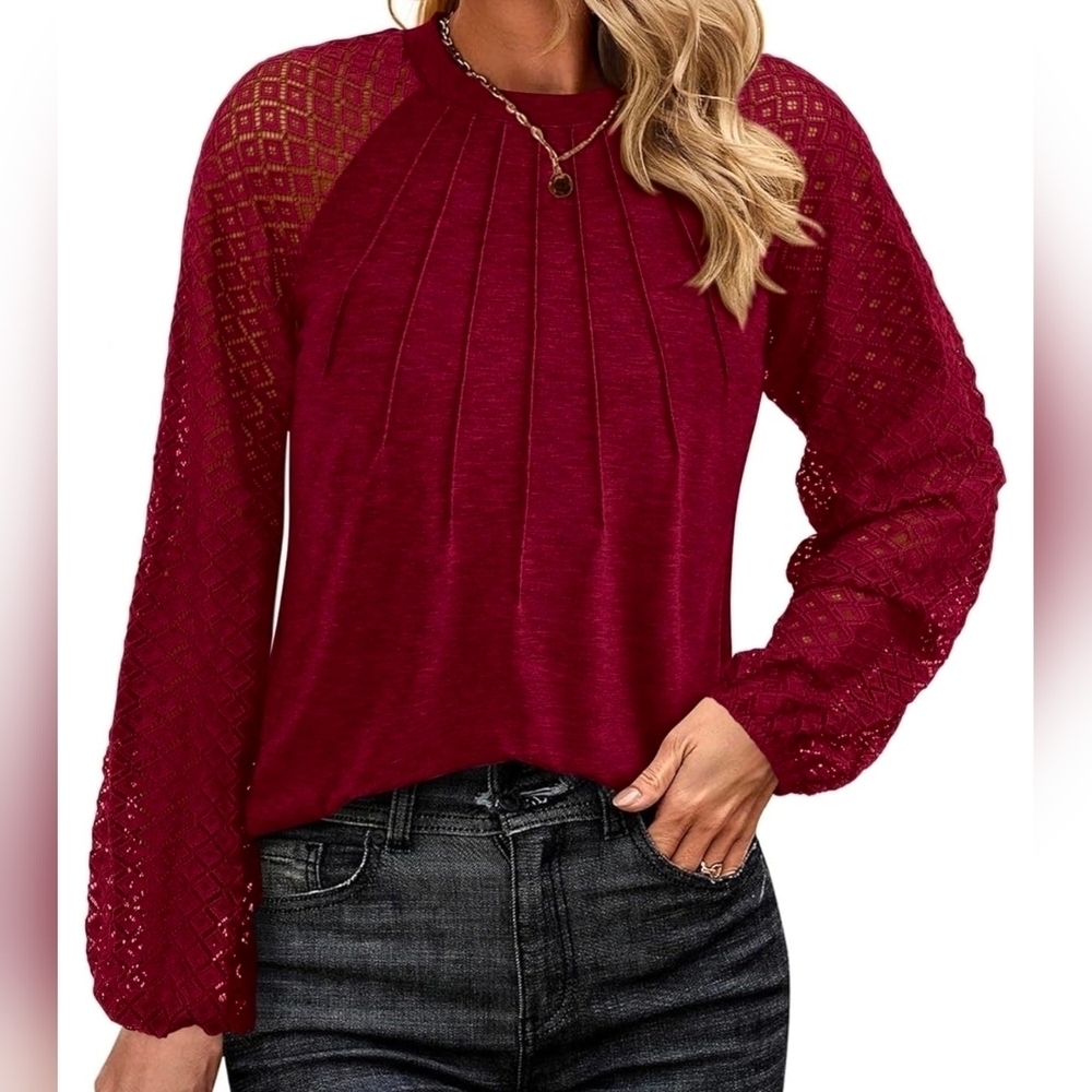 Wine Red Long Lace Sleeve, Dressy Casual Pleated Blouse, Business Work Top